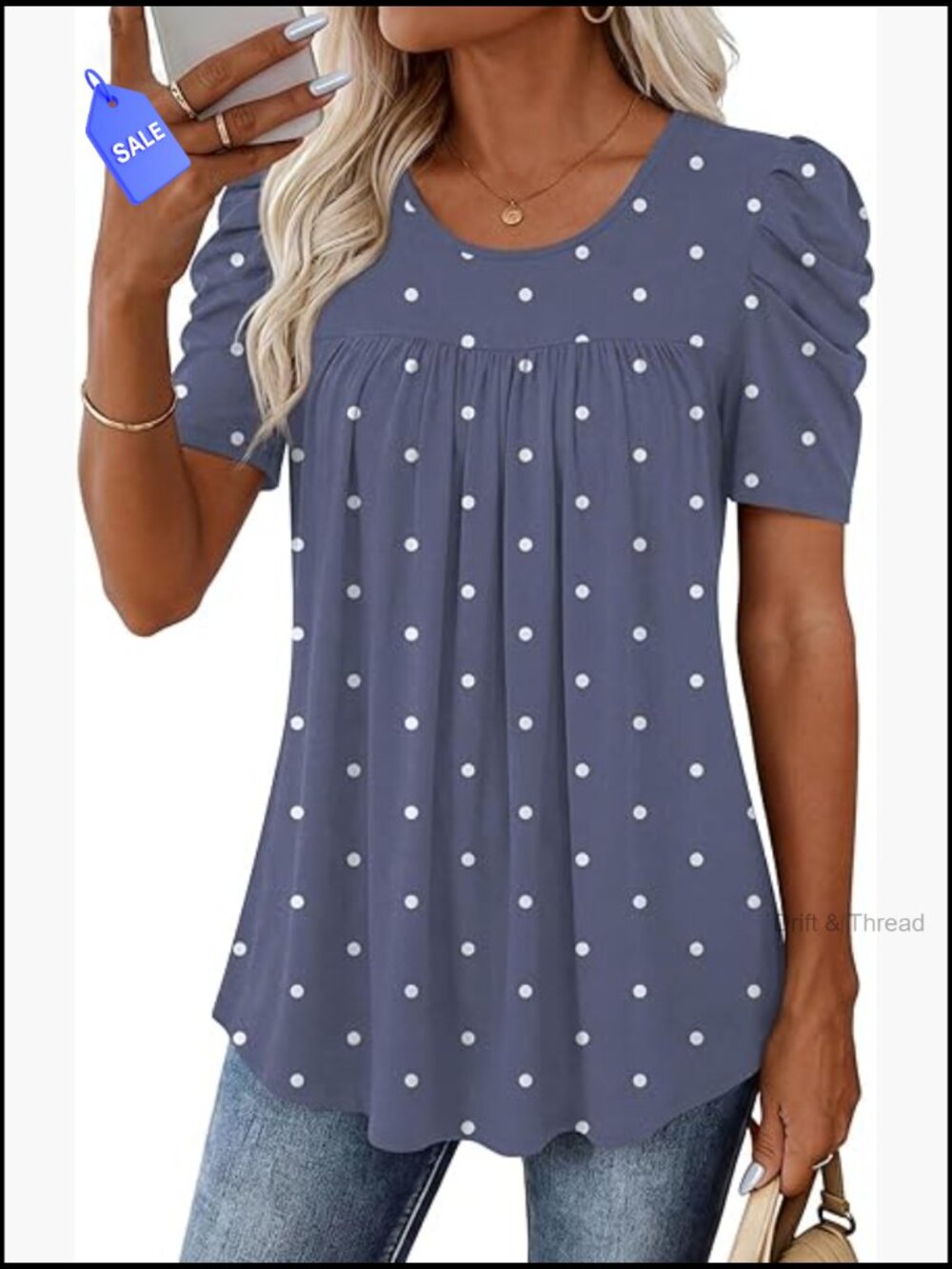 Women Short Puff Sleeve Tunic Top Casual Round Neck Blouse Loose Tee